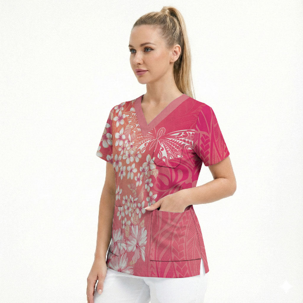 Dreamy Butterfly Polynesian - Breast Cancer Awareness Scrub Top Floral Vibes