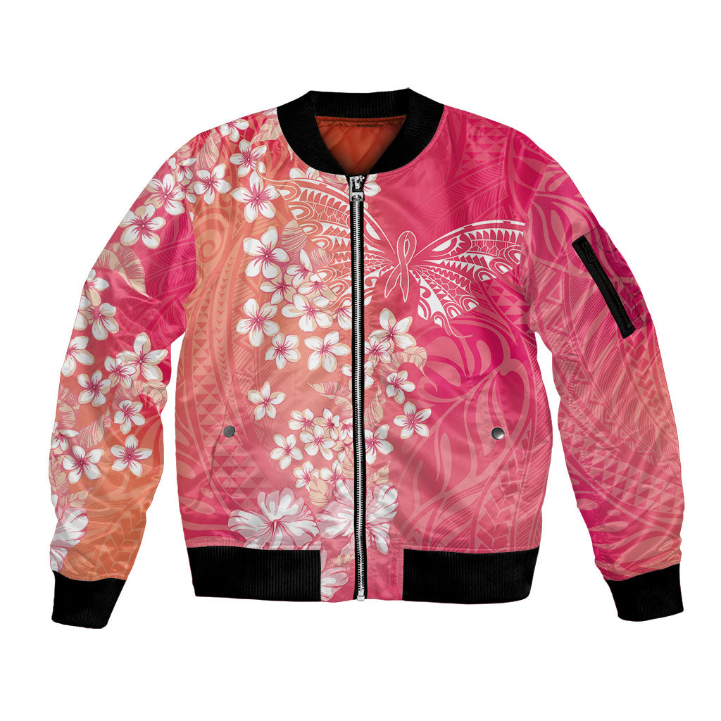 Dreamy Butterfly Polynesian - Breast Cancer Awareness Sleeve Zip Bomber Jacket Floral Vibes