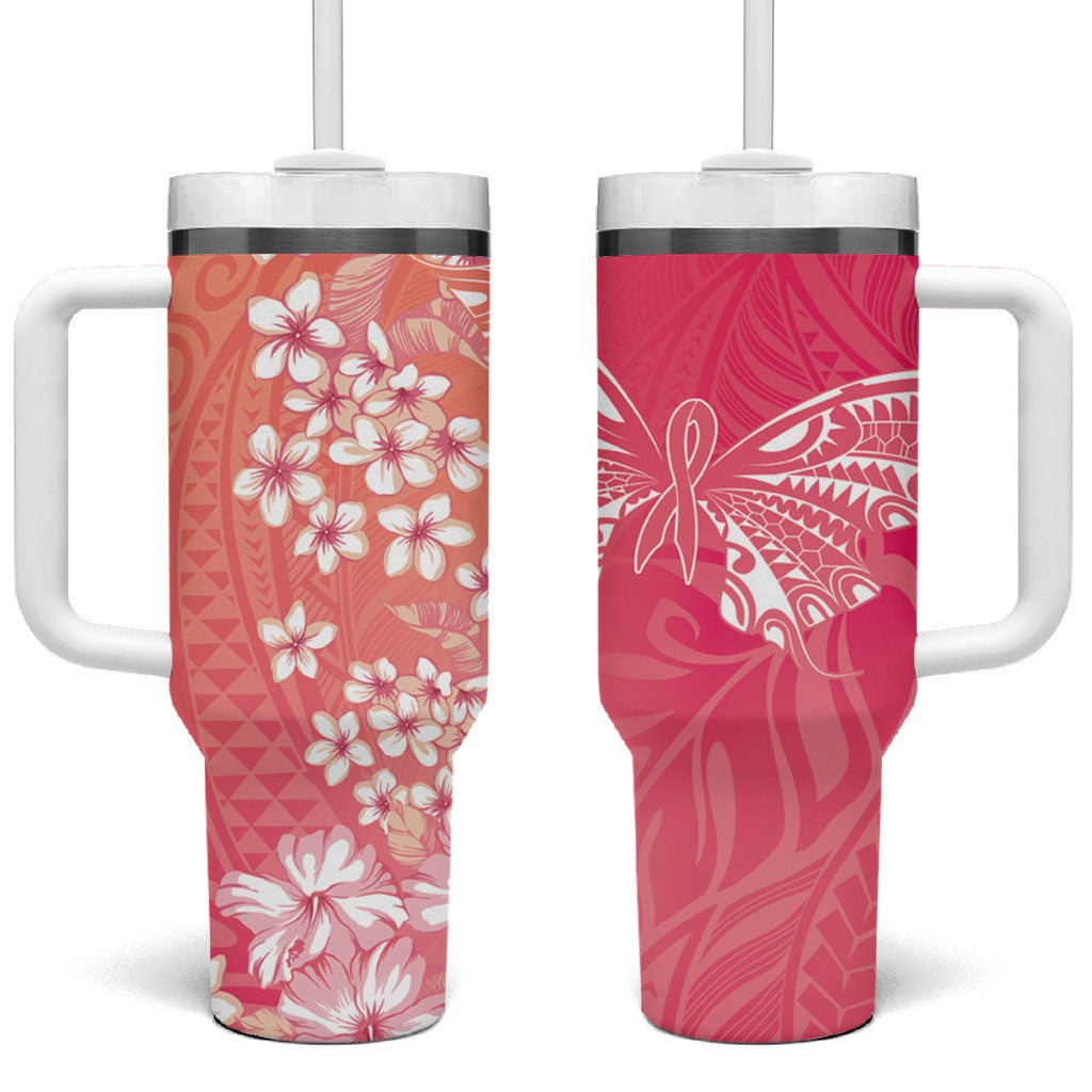 Dreamy Butterfly Polynesian - Breast Cancer Awareness Tumbler With Handle Floral Vibes