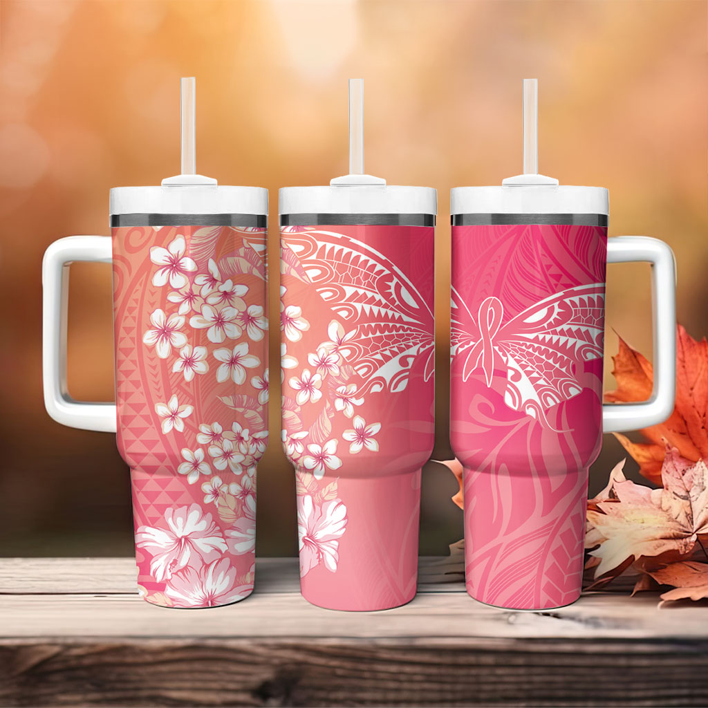 Dreamy Butterfly Polynesian - Breast Cancer Awareness Tumbler With Handle Floral Vibes