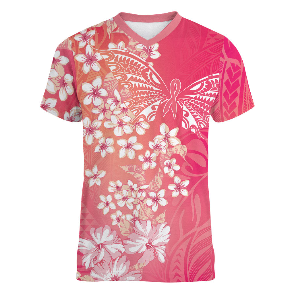 Dreamy Butterfly Polynesian - Breast Cancer Awareness Women V-Neck T-Shirt Floral Vibes