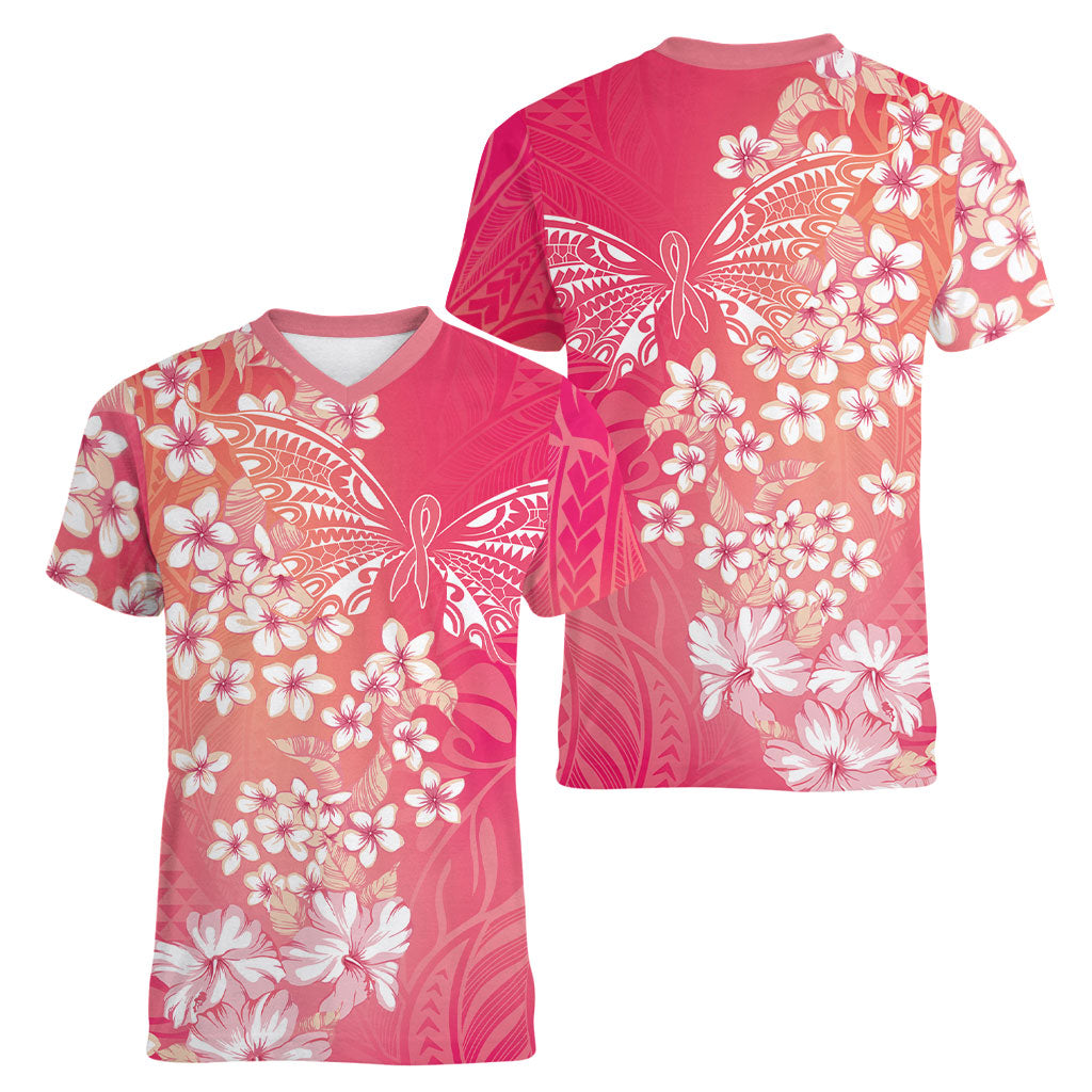 Dreamy Butterfly Polynesian - Breast Cancer Awareness Women V-Neck T-Shirt Floral Vibes