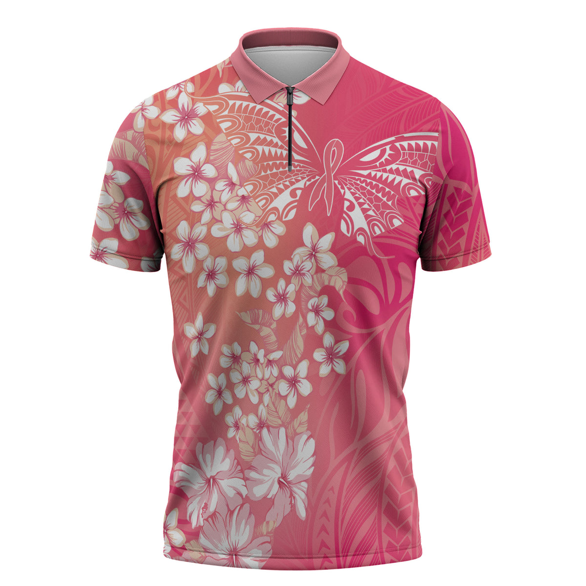 Dreamy Butterfly Polynesian - Breast Cancer Awareness Zipper Polo Shirt Floral Vibes