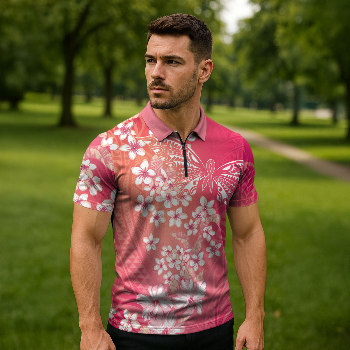 Dreamy Butterfly Polynesian - Breast Cancer Awareness Zipper Polo Shirt Floral Vibes