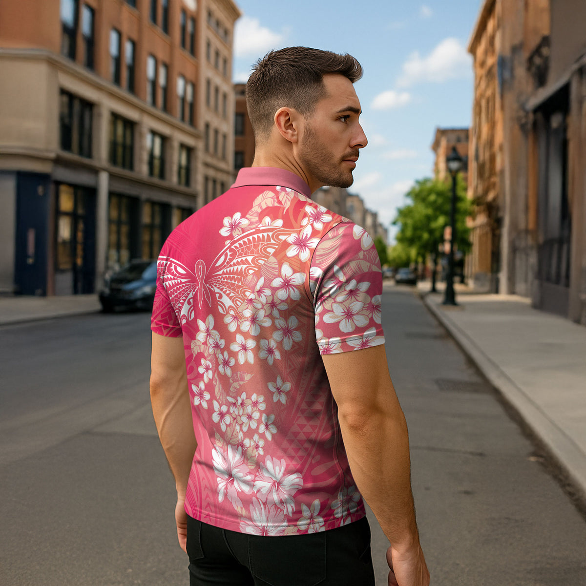 Dreamy Butterfly Polynesian - Breast Cancer Awareness Zipper Polo Shirt Floral Vibes