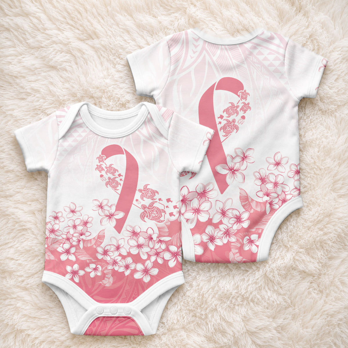 Breast Cancer Awareness Polynesian Baby Onesie Floral Pink Ribbon