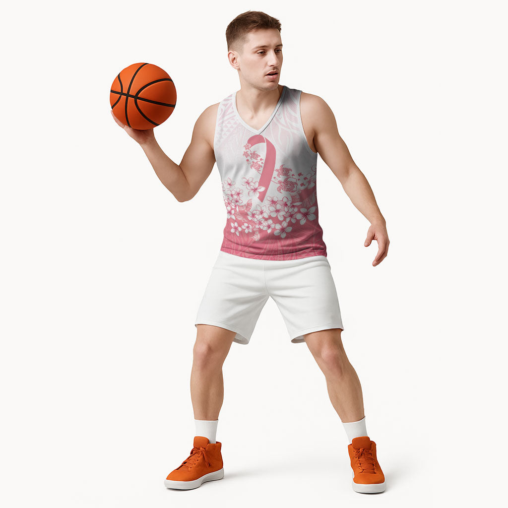 Breast Cancer Awareness Polynesian Basketball Jersey Floral Pink Ribbon