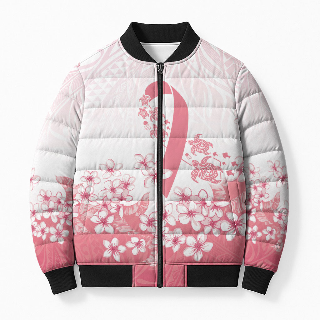 Breast Cancer Awareness Polynesian Bomber Puffer Jacket Floral Pink Ribbon