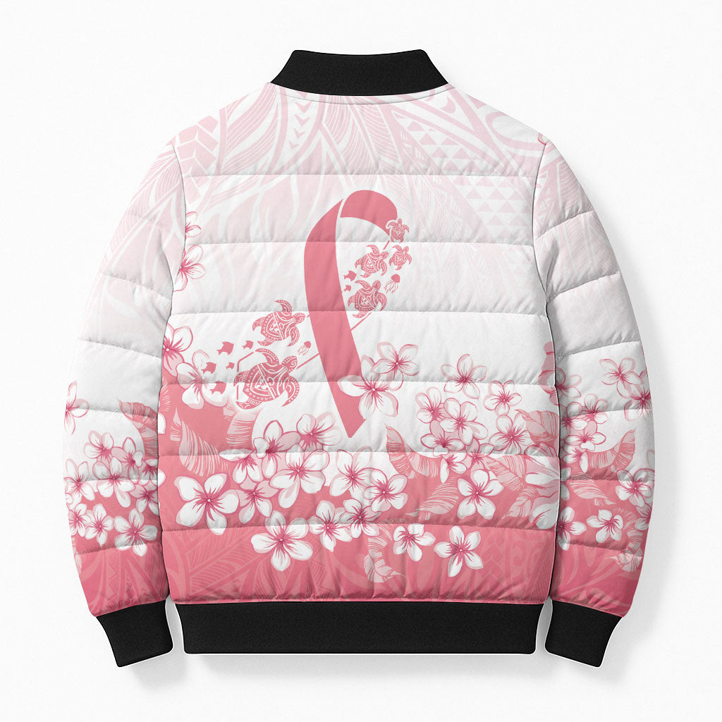 Breast Cancer Awareness Polynesian Bomber Puffer Jacket Floral Pink Ribbon