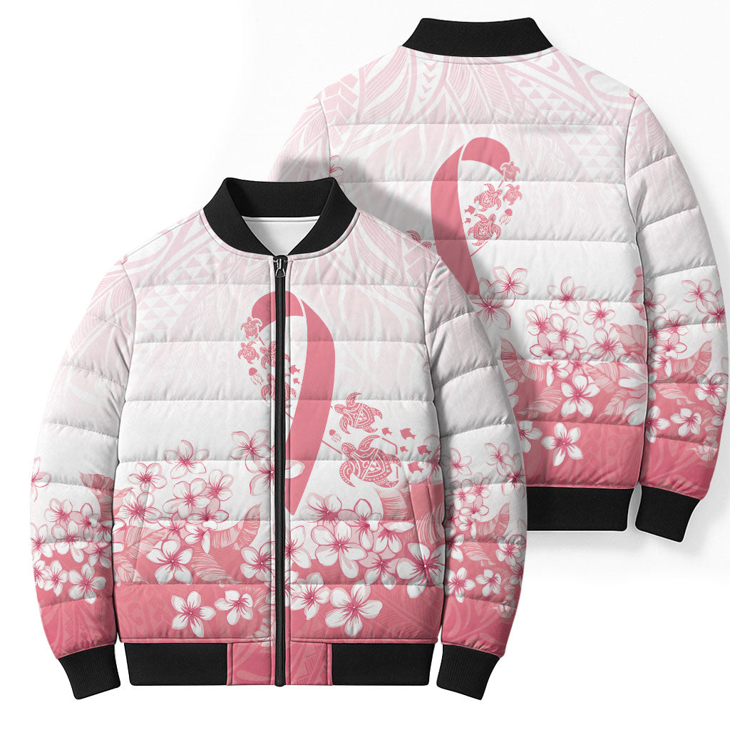 Breast Cancer Awareness Polynesian Bomber Puffer Jacket Floral Pink Ribbon