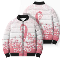Breast Cancer Awareness Polynesian Bomber Puffer Jacket Floral Pink Ribbon