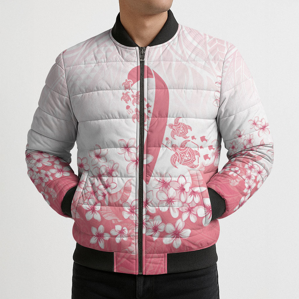 Breast Cancer Awareness Polynesian Bomber Puffer Jacket Floral Pink Ribbon