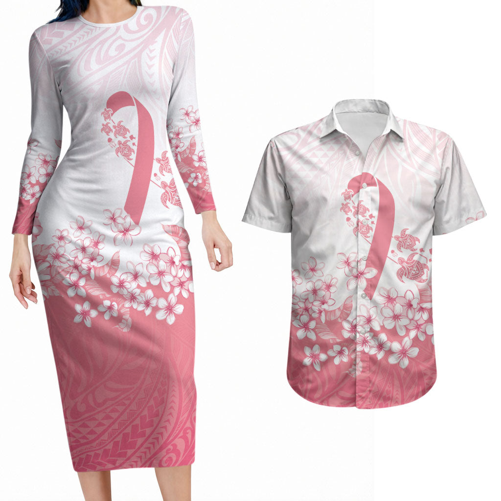 Breast Cancer Awareness Polynesian Couples Matching Long Sleeve Bodycon Dress and Hawaiian Shirt Floral Pink Ribbon