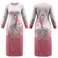 Breast Cancer Awareness Polynesian Couples Matching Long Sleeve Bodycon Dress and Hawaiian Shirt Floral Pink Ribbon