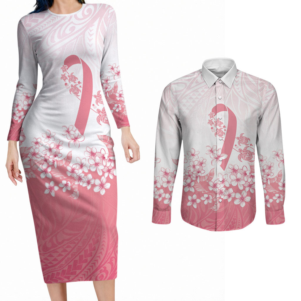 Breast Cancer Awareness Polynesian Couples Matching Long Sleeve Bodycon Dress and Long Sleeve Button Shirt Floral Pink Ribbon