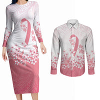 Breast Cancer Awareness Polynesian Couples Matching Long Sleeve Bodycon Dress and Long Sleeve Button Shirt Floral Pink Ribbon