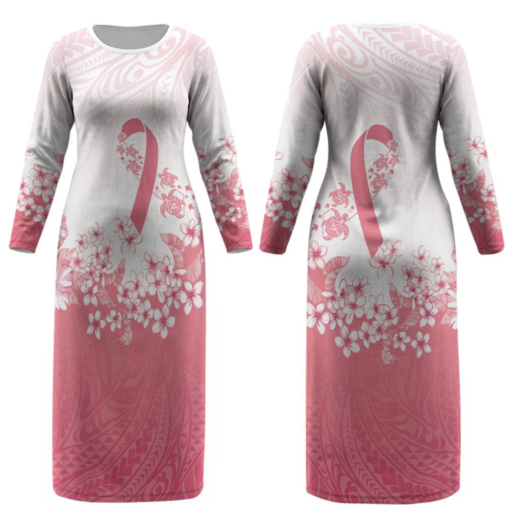 Breast Cancer Awareness Polynesian Couples Matching Long Sleeve Bodycon Dress and Long Sleeve Button Shirt Floral Pink Ribbon