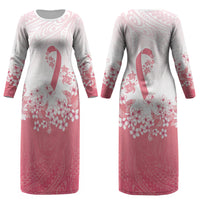 Breast Cancer Awareness Polynesian Couples Matching Long Sleeve Bodycon Dress and Long Sleeve Button Shirt Floral Pink Ribbon