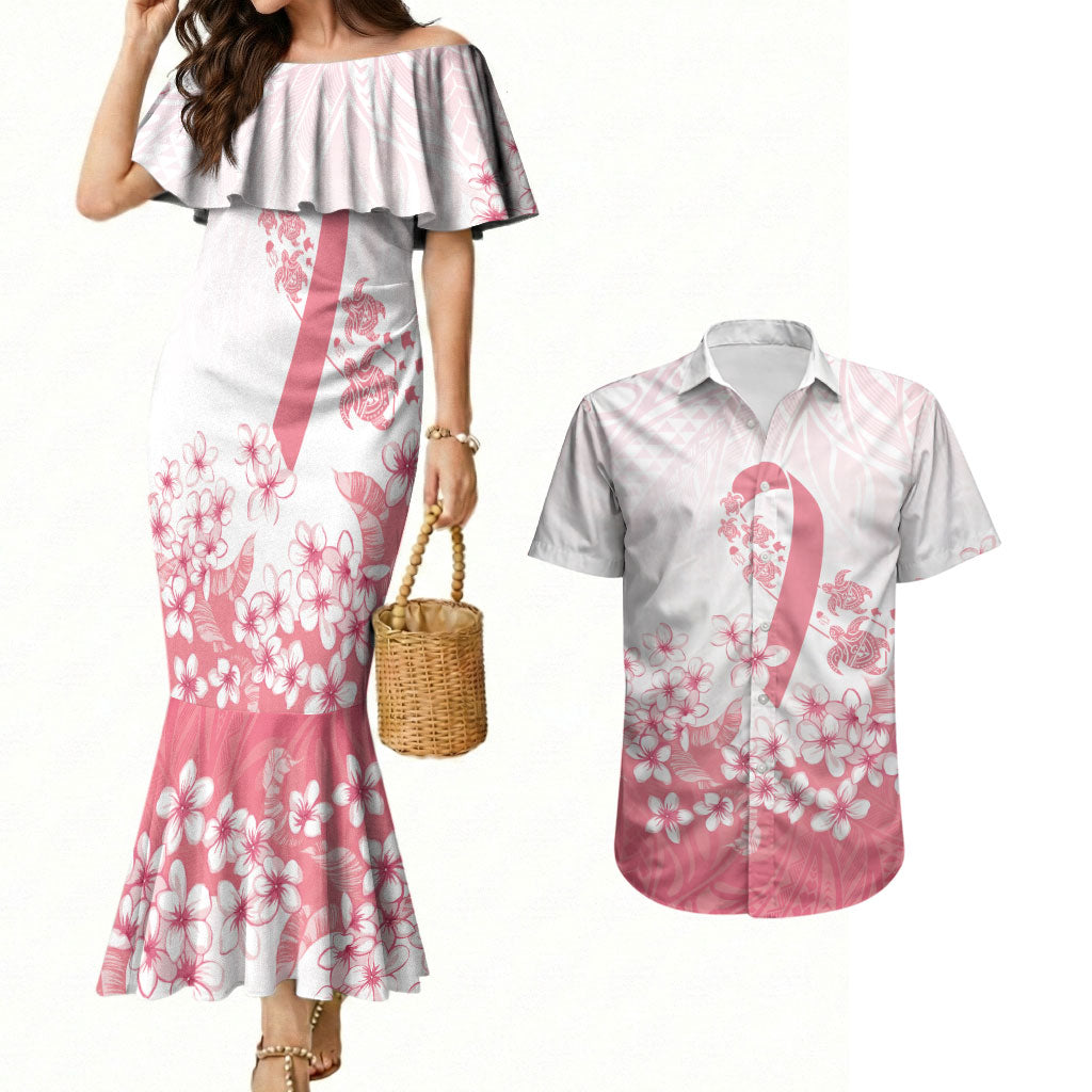 Breast Cancer Awareness Polynesian Couples Matching Mermaid Dress and Hawaiian Shirt Floral Pink Ribbon