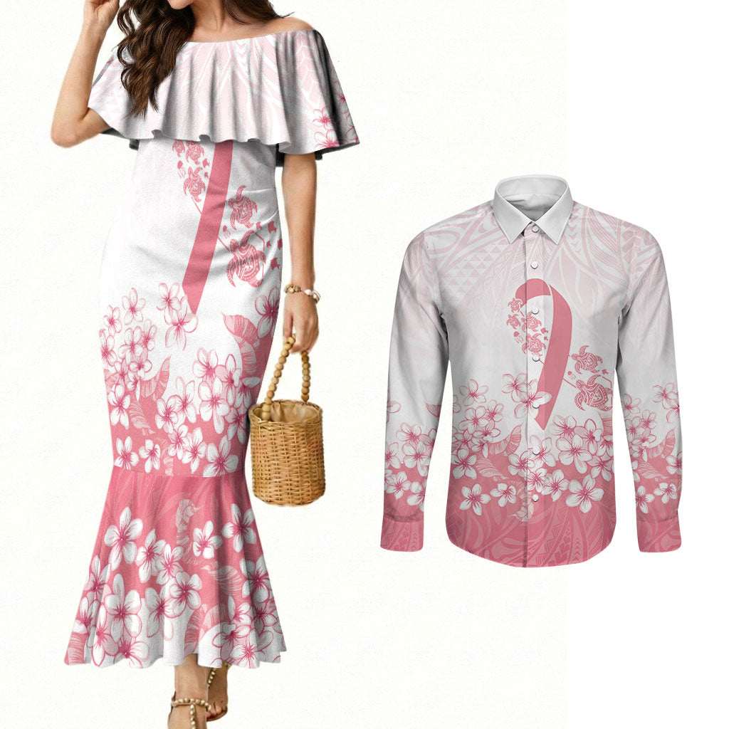 Breast Cancer Awareness Polynesian Couples Matching Mermaid Dress and Long Sleeve Button Shirt Floral Pink Ribbon