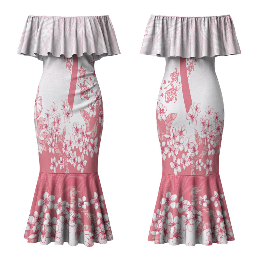 Breast Cancer Awareness Polynesian Couples Matching Mermaid Dress and Long Sleeve Button Shirt Floral Pink Ribbon