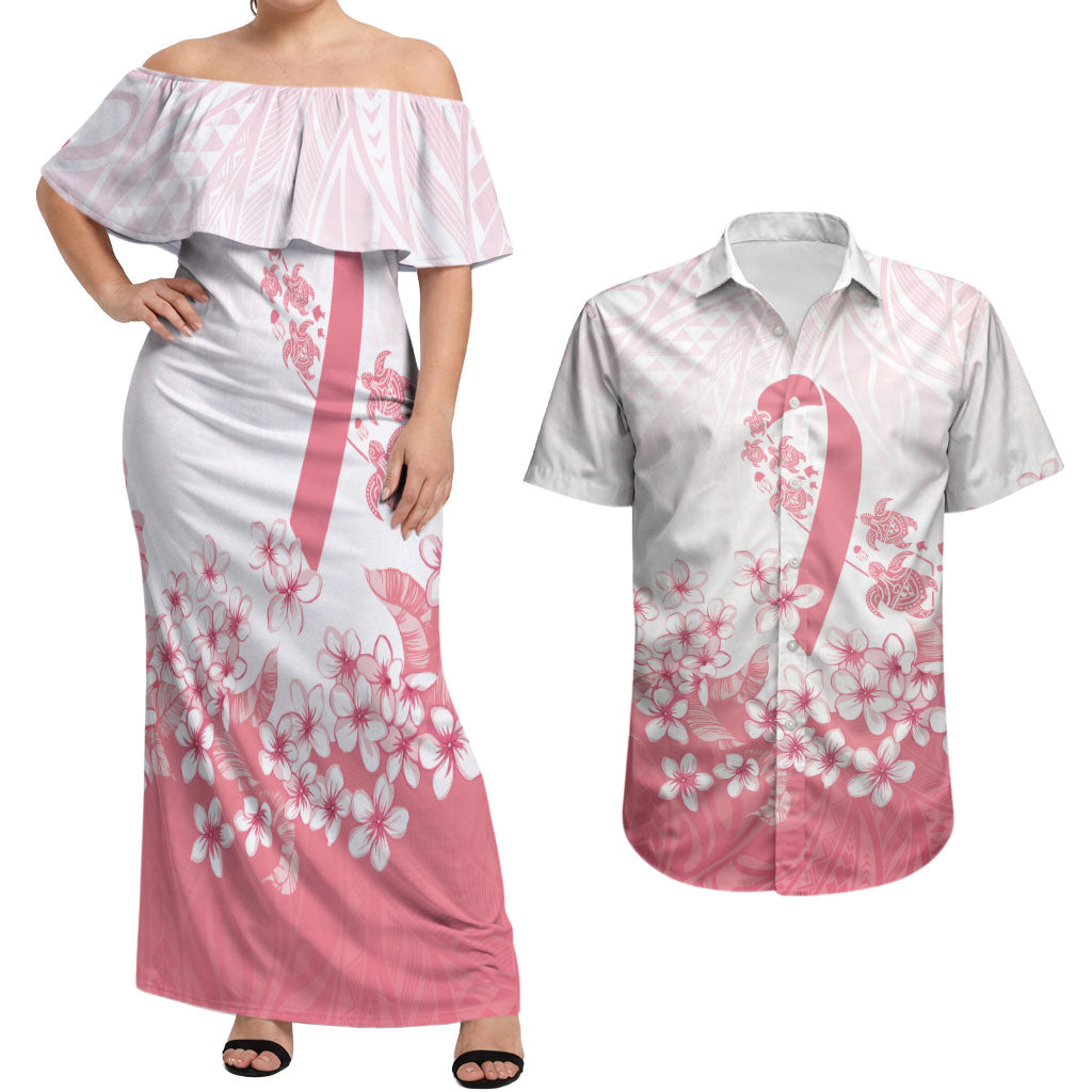 Breast Cancer Awareness Polynesian Couples Matching Off Shoulder Maxi Dress and Hawaiian Shirt Floral Pink Ribbon