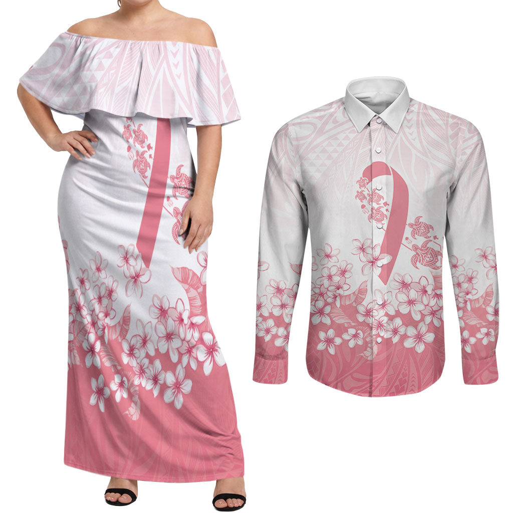 Breast Cancer Awareness Polynesian Couples Matching Off Shoulder Maxi Dress and Long Sleeve Button Shirt Floral Pink Ribbon
