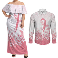Breast Cancer Awareness Polynesian Couples Matching Off Shoulder Maxi Dress and Long Sleeve Button Shirt Floral Pink Ribbon