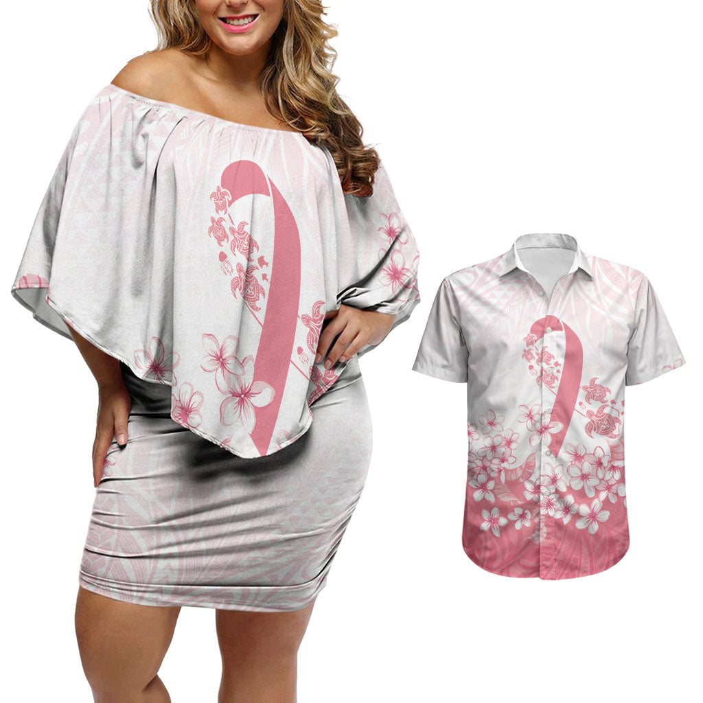 Breast Cancer Awareness Polynesian Couples Matching Off Shoulder Short Dress and Hawaiian Shirt Floral Pink Ribbon