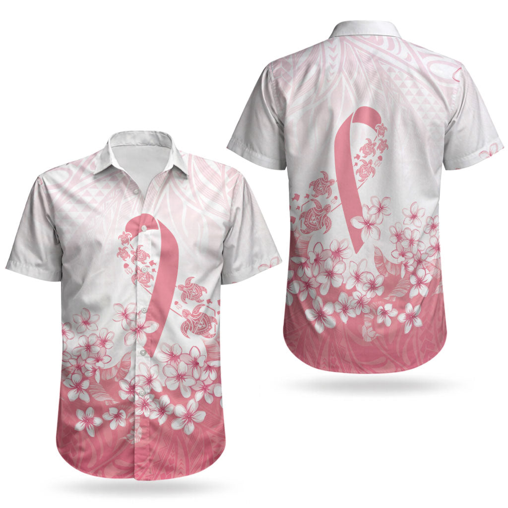 Breast Cancer Awareness Polynesian Couples Matching Off Shoulder Short Dress and Hawaiian Shirt Floral Pink Ribbon
