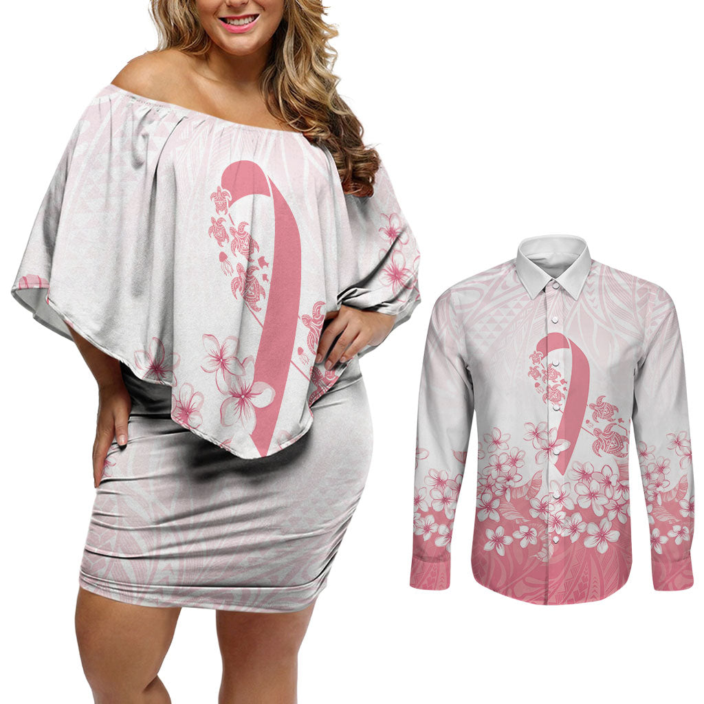 Breast Cancer Awareness Polynesian Couples Matching Off Shoulder Short Dress and Long Sleeve Button Shirt Floral Pink Ribbon