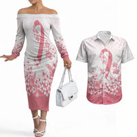 Breast Cancer Awareness Polynesian Couples Matching Off The Shoulder Long Sleeve Dress and Hawaiian Shirt Floral Pink Ribbon