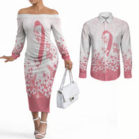 Breast Cancer Awareness Polynesian Couples Matching Off The Shoulder Long Sleeve Dress and Long Sleeve Button Shirt Floral Pink Ribbon