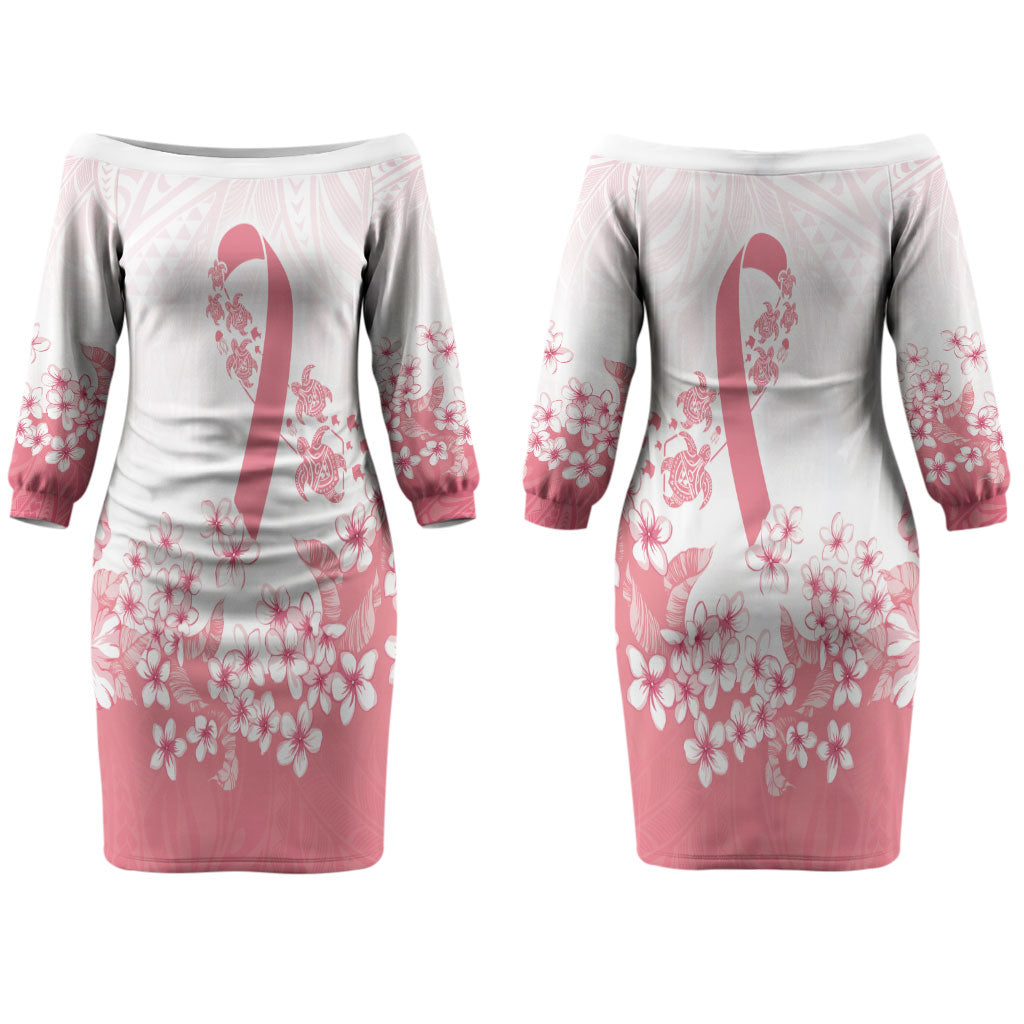 Breast Cancer Awareness Polynesian Couples Matching Off The Shoulder Long Sleeve Dress and Long Sleeve Button Shirt Floral Pink Ribbon