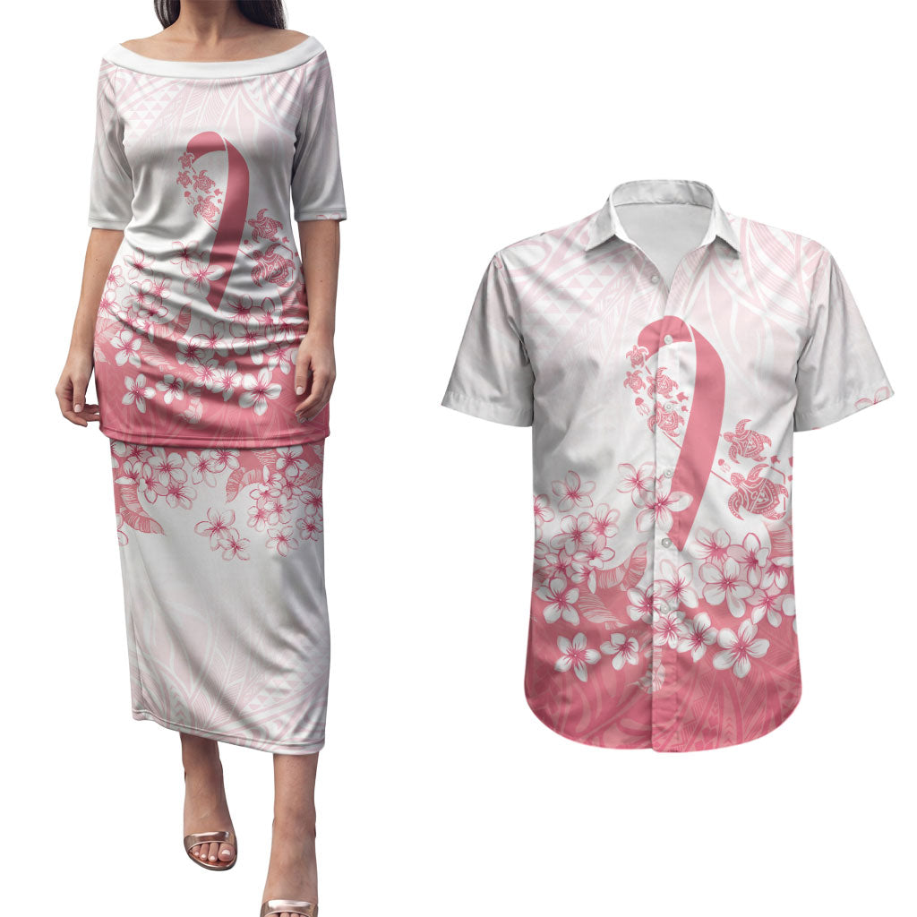Breast Cancer Awareness Polynesian Couples Matching Puletasi and Hawaiian Shirt Floral Pink Ribbon