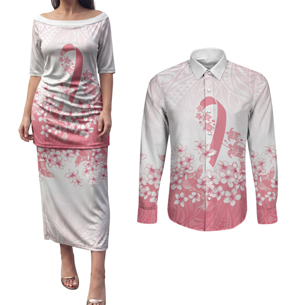 Breast Cancer Awareness Polynesian Couples Matching Puletasi and Long Sleeve Button Shirt Floral Pink Ribbon