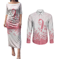 Breast Cancer Awareness Polynesian Couples Matching Puletasi and Long Sleeve Button Shirt Floral Pink Ribbon