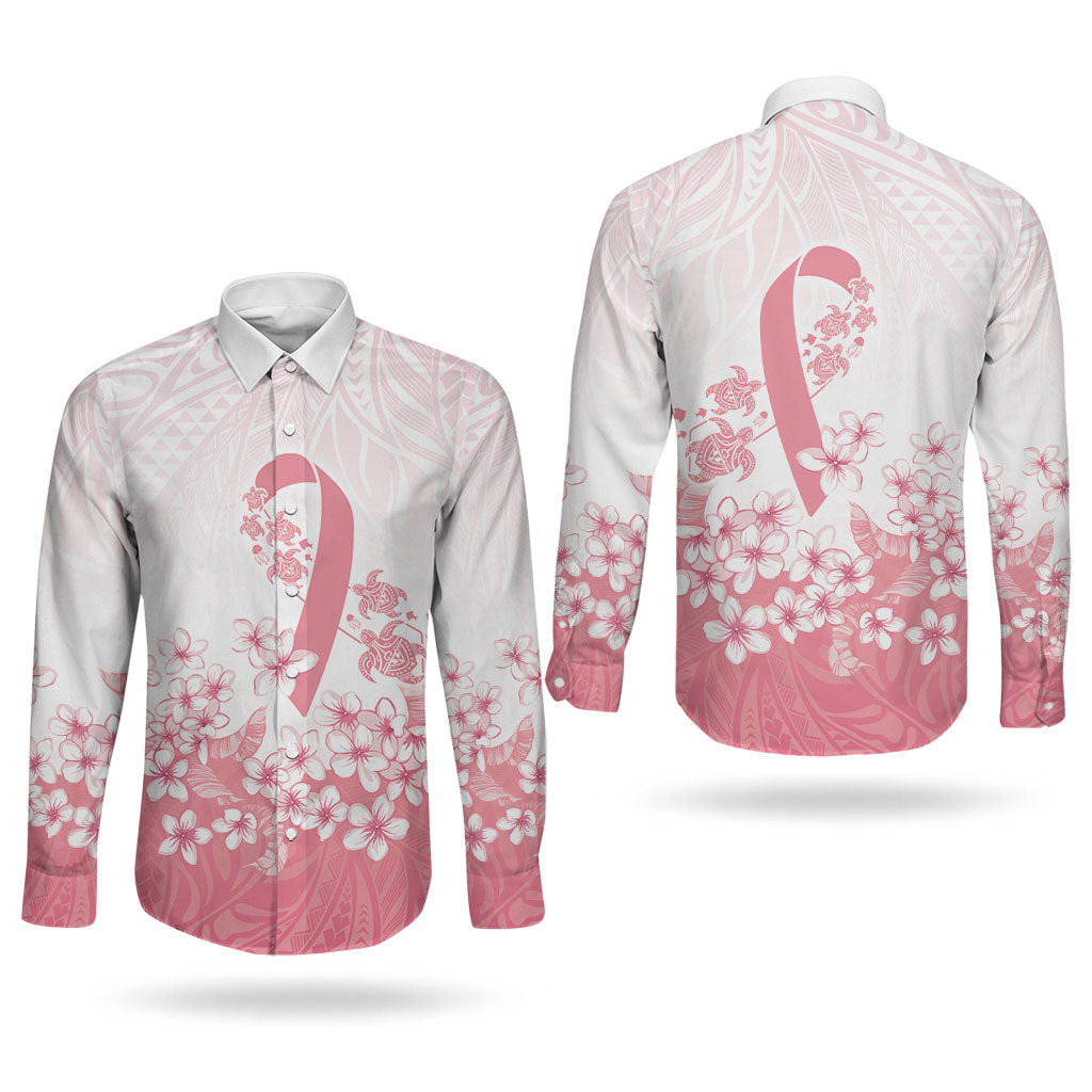 Breast Cancer Awareness Polynesian Couples Matching Puletasi and Long Sleeve Button Shirt Floral Pink Ribbon