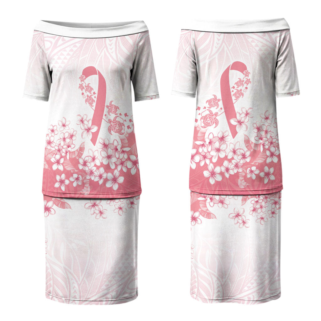 Breast Cancer Awareness Polynesian Couples Matching Puletasi and Long Sleeve Button Shirt Floral Pink Ribbon