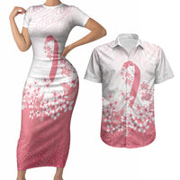 Breast Cancer Awareness Polynesian Couples Matching Short Sleeve Bodycon Dress and Hawaiian Shirt Floral Pink Ribbon