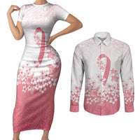 Breast Cancer Awareness Polynesian Couples Matching Short Sleeve Bodycon Dress and Long Sleeve Button Shirt Floral Pink Ribbon