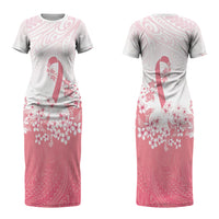Breast Cancer Awareness Polynesian Couples Matching Short Sleeve Bodycon Dress and Long Sleeve Button Shirt Floral Pink Ribbon