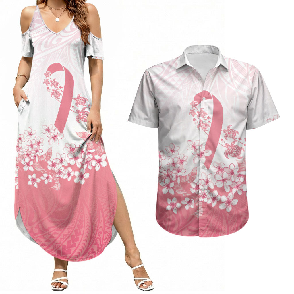 Breast Cancer Awareness Polynesian Couples Matching Summer Maxi Dress and Hawaiian Shirt Floral Pink Ribbon