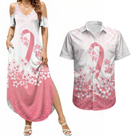 Breast Cancer Awareness Polynesian Couples Matching Summer Maxi Dress and Hawaiian Shirt Floral Pink Ribbon
