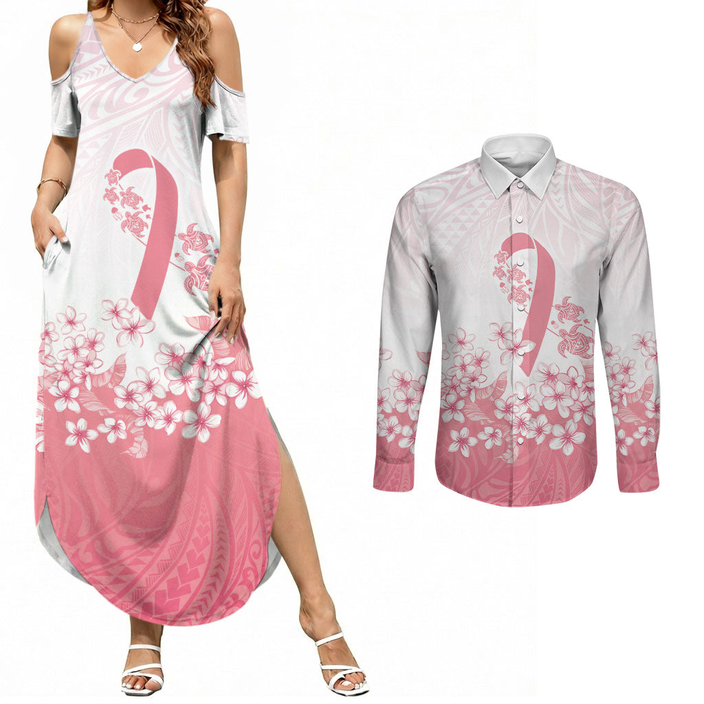 Breast Cancer Awareness Polynesian Couples Matching Summer Maxi Dress and Long Sleeve Button Shirt Floral Pink Ribbon