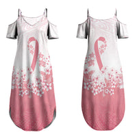 Breast Cancer Awareness Polynesian Couples Matching Summer Maxi Dress and Long Sleeve Button Shirt Floral Pink Ribbon