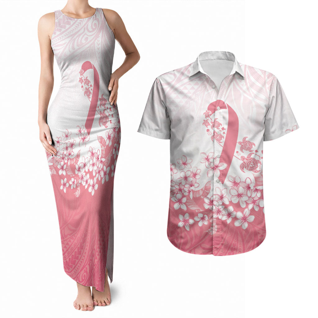 Breast Cancer Awareness Polynesian Couples Matching Tank Maxi Dress and Hawaiian Shirt Floral Pink Ribbon