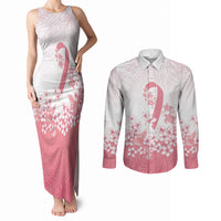 Breast Cancer Awareness Polynesian Couples Matching Tank Maxi Dress and Long Sleeve Button Shirt Floral Pink Ribbon
