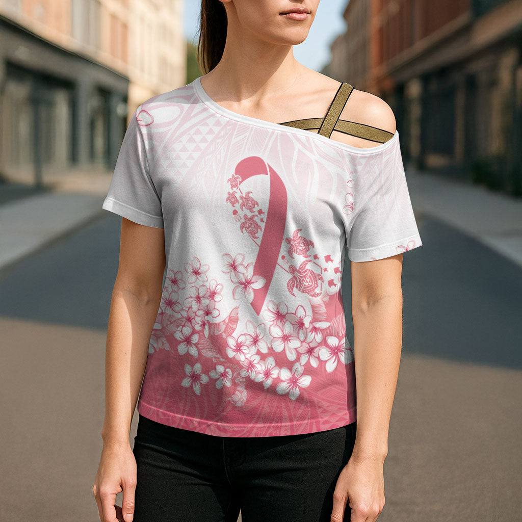 Breast Cancer Awareness Polynesian Cross Shoulder Shirt Floral Pink Ribbon