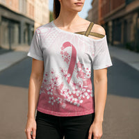 Breast Cancer Awareness Polynesian Cross Shoulder Shirt Floral Pink Ribbon